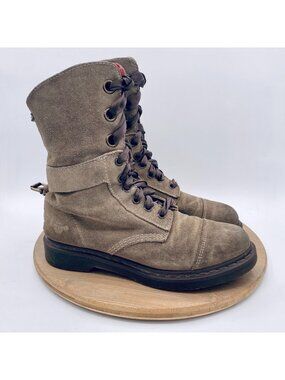 Dr Martens Boots Womens 9 Beige Suede Lace Up Mid Calf Grunge Jump Military
